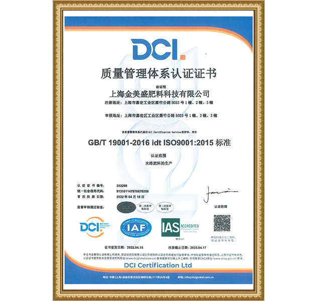  质量管理体系认证证书金美盛—中文版